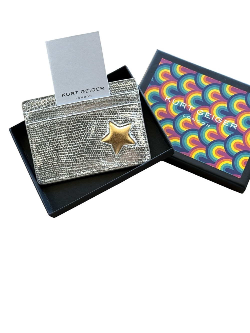 Kurt Geiger London silver lizard embossed leather card holder w/gold star